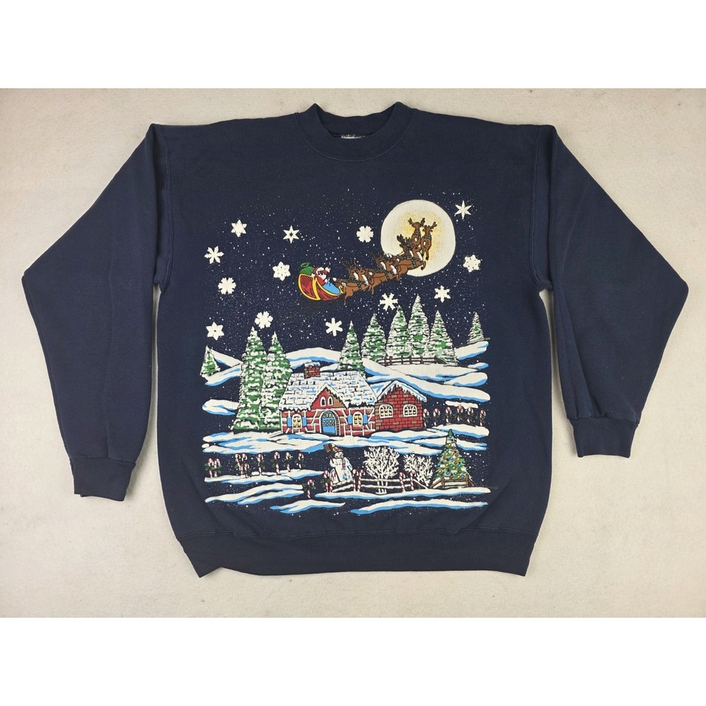Vintage 90s Santa Claus Reindeer Town Moon Snow Crew Neck Sweatshirt Size L READ